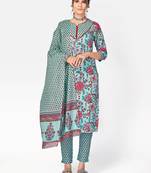 Women's Printed & sequience work Straight Cotton sky blue Kurta With Pant & Dupatta