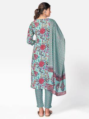 Women's Printed & sequience work Straight Cotton sky blue Kurta With Pant & Dupatta 2