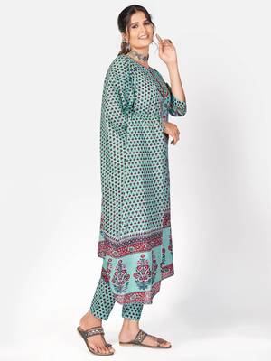 Women's Printed & sequience work Straight Cotton sky blue Kurta With Pant & Dupatta 3