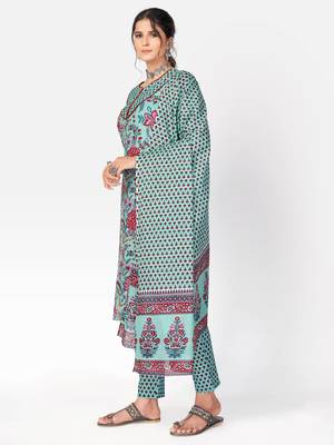 Women's Printed & sequience work Straight Cotton sky blue Kurta With Pant & Dupatta 4