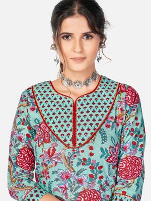 Women's Printed & sequience work Straight Cotton sky blue Kurta With Pant & Dupatta 5