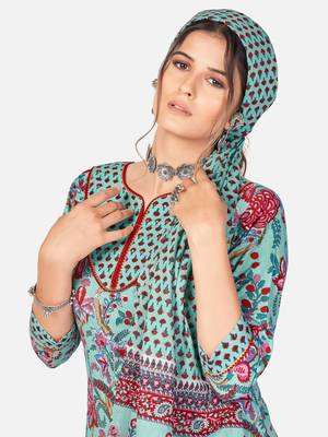 Women's Printed & sequience work Straight Cotton sky blue Kurta With Pant & Dupatta 8