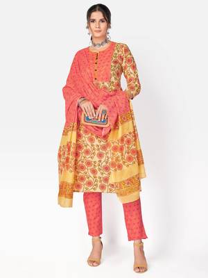 Women's Printed & sequience work Straight Cotton Yellow Kurta With Pant & Dupatta 1