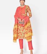 Women's Printed & sequience work Straight Cotton Yellow Kurta With Pant & Dupatta