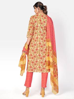 Women's Printed & sequience work Straight Cotton Yellow Kurta With Pant & Dupatta 2