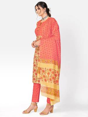 Women's Printed & sequience work Straight Cotton Yellow Kurta With Pant & Dupatta 3