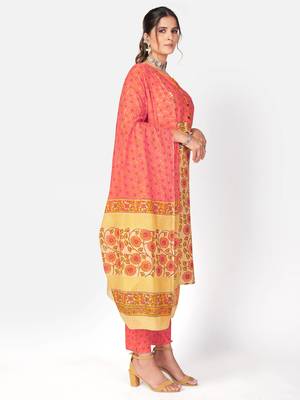 Women's Printed & sequience work Straight Cotton Yellow Kurta With Pant & Dupatta 4