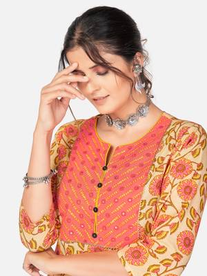 Women's Printed & sequience work Straight Cotton Yellow Kurta With Pant & Dupatta 5