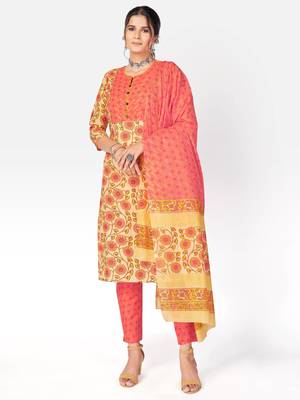 Women's Printed & sequience work Straight Cotton Yellow Kurta With Pant & Dupatta 8
