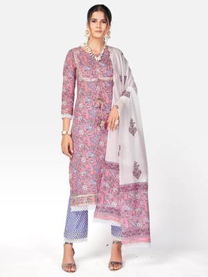 Women's Printed & Gota Patti Straight Cotton Pink Kurta With Pant & Dupatta 1