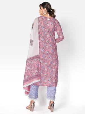 Women's Printed & Gota Patti Straight Cotton Pink Kurta With Pant & Dupatta 2