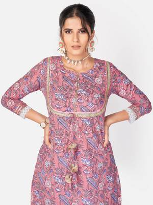 Women's Printed & Gota Patti Straight Cotton Pink Kurta With Pant & Dupatta 5