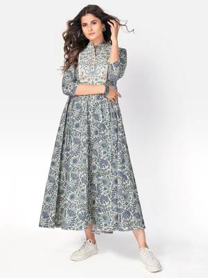 Women's Printed & Embroidered Anarkali Cotton Light Teal Kurta 1