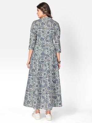 Women's Printed & Embroidered Anarkali Cotton Light Teal Kurta 2