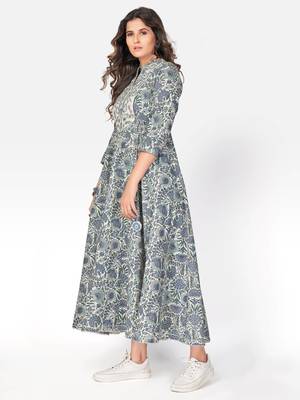 Women's Printed & Embroidered Anarkali Cotton Light Teal Kurta 3