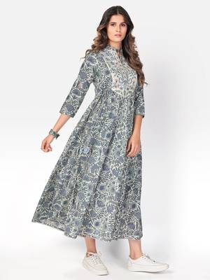Women's Printed & Embroidered Anarkali Cotton Light Teal Kurta 4
