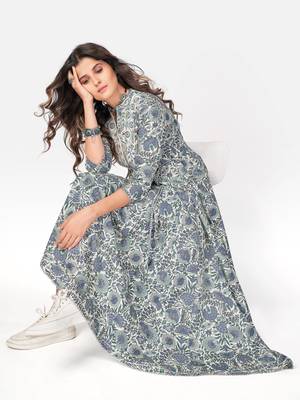 Women's Printed & Embroidered Anarkali Cotton Light Teal Kurta 6