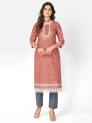 Women's Printed & lace Work Straight Cotton Orange Kurta 1