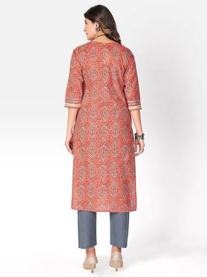 Women's Printed & lace Work Straight Cotton Orange Kurta 2