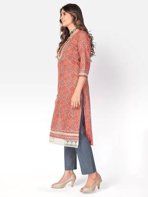 Women's Printed & lace Work Straight Cotton Orange Kurta 3
