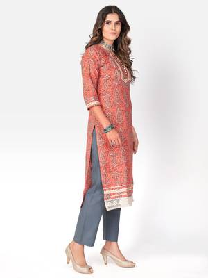 Women's Printed & lace Work Straight Cotton Orange Kurta 4