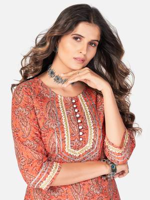 Women's Printed & lace Work Straight Cotton Orange Kurta 5