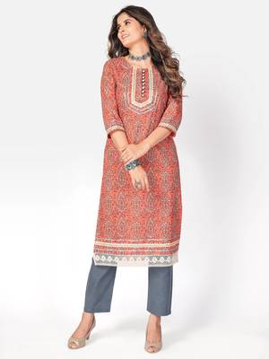 Women's Printed & lace Work Straight Cotton Orange Kurta 6
