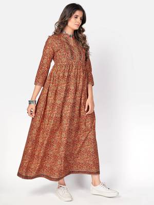 Women's Printed & Gota Patti Anarkali Cotton Red Kurta 3