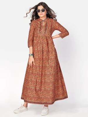 Women's Printed & Gota Patti Anarkali Cotton Red Kurta 6