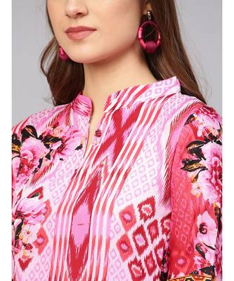 Pink Cream Ikat inspired Batik Printed Straight Kurta 5