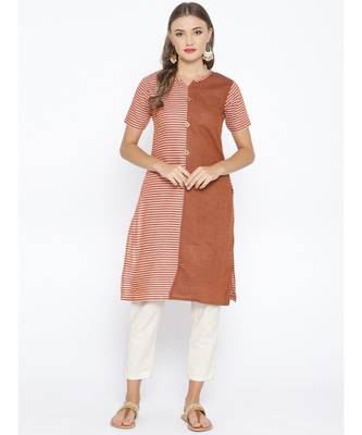 Brown khadi Cotton Straight Kurta with Striped pattern 1