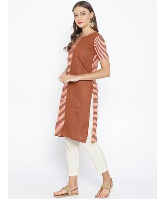 Brown khadi Cotton Straight Kurta with Striped pattern 3