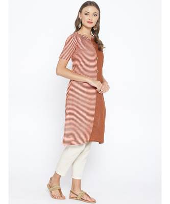 Brown khadi Cotton Straight Kurta with Striped pattern 4