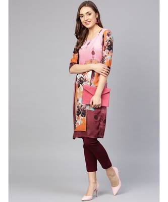 Pink Printed Straight Kurta with floral motifs 4