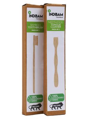 INDIBAM's includes 2 Pcs compostable brown bristles toothbrushes & 2 Pcs Neem wood tongue scrapers. 1