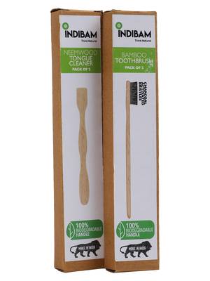 INDIBAM's includes 2 Pcs Charcoal activated black bristles toothbrushes & 2 Pcs Neem wood tongue scrapers 1