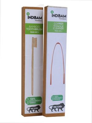 INDIBAM's includes 2 Pcs compostable brown bristles toothbrushes & 99.9% Pure Copper tongue scrapers. 1