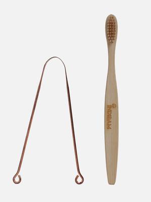 INDIBAM's includes 2 Pcs compostable brown bristles toothbrushes & 99.9% Pure Copper tongue scrapers. 3