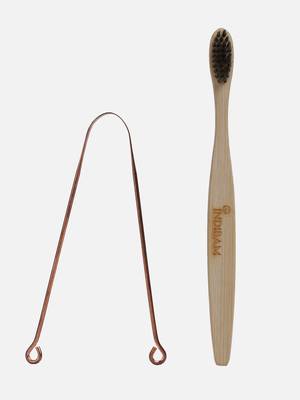 INDIBAM's includes 2 Pcs Charcoal activated black bristles toothbrushes & 2 Pcs 99.9% Pure Copper tongue scrapers 2