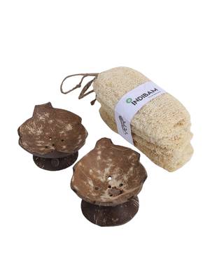 INDIBAM's Natural Body Scrubber 4 Pieces of Loofah Sponges for Bathing and 2 Pcs Upcycled coconut shell soap tray 1