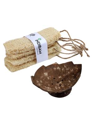 INDIBAM's Natural Body Scrubber 4 Pieces of Loofah Sponges for Bathing and 2 Pcs Upcycled coconut shell soap tray 2