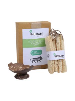 INDIBAM's Natural Body Scrubber 4 Pieces of Loofah Sponges for Bathing and 2 Pcs Upcycled coconut shell soap tray 3