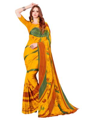 Yellow printed crepe saree with blouse 1