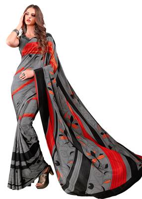Grey printed crepe saree with blouse 1