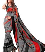 Grey printed crepe saree with blouse
