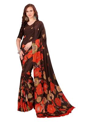 Brown printed crepe saree with blouse 1