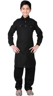 Black Linen Cotton Kid Boy Pathani Kurta Pajama  1