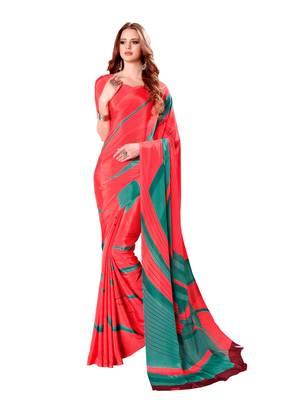 Red printed crepe saree with blouse 1