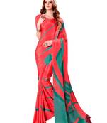 Red printed crepe saree with blouse