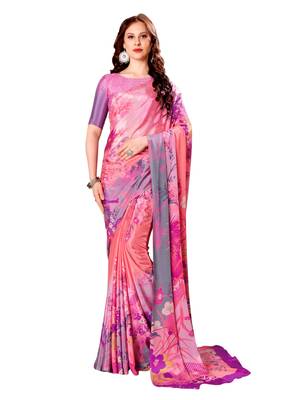 Pink printed crepe saree with blouse 1
